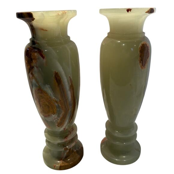 Vintage Carved Marbled Onyx Stone 11” Tall Vases - Egyptian - HEAVY - Picture 1 of 10
